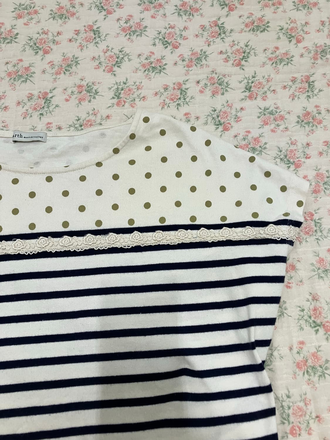 빈티지 어스 뮤직 레이스 도트 스트라이프 반팔 1110 모리걸 y2k 스 상품이미지6