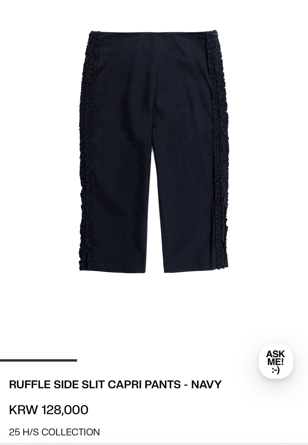 생긴스튜디오 RUFFLE SIDE SLIT CAPRI PANTS NAVY 상품이미지1