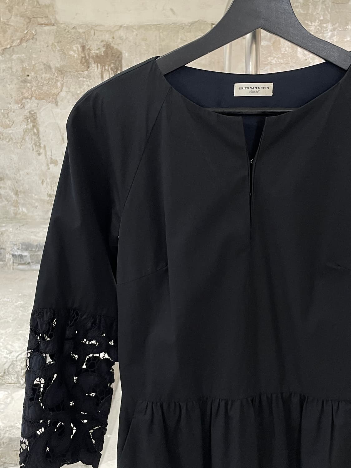 드리스 반 노튼 블랙 레이스 커프스 3/4 슬리브 코튼 미디원피스 상품이미지2