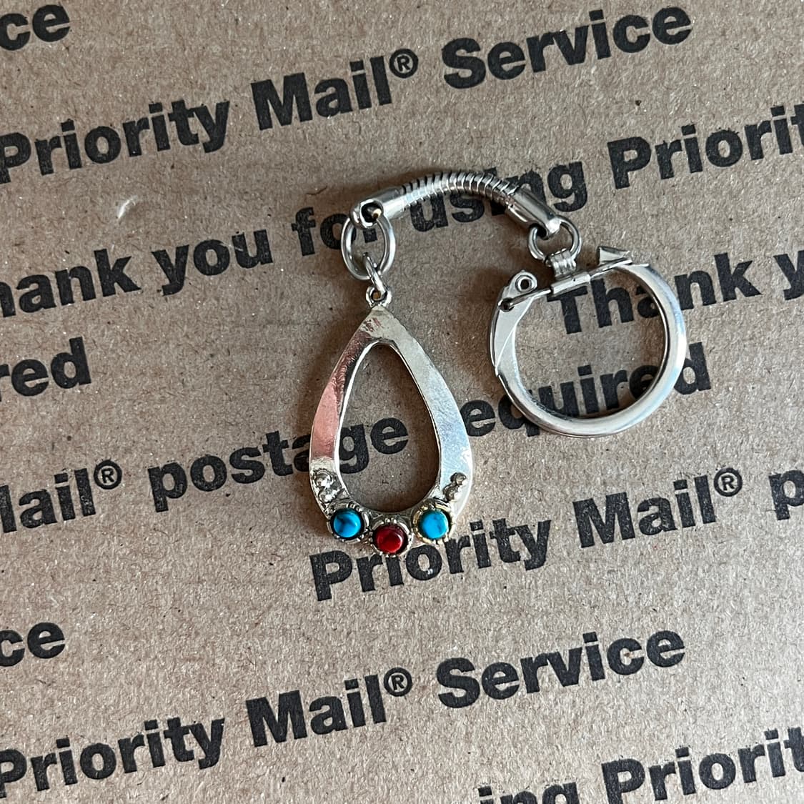 90s vtg Silver Teardrop Gem Keyring 상품이미지1