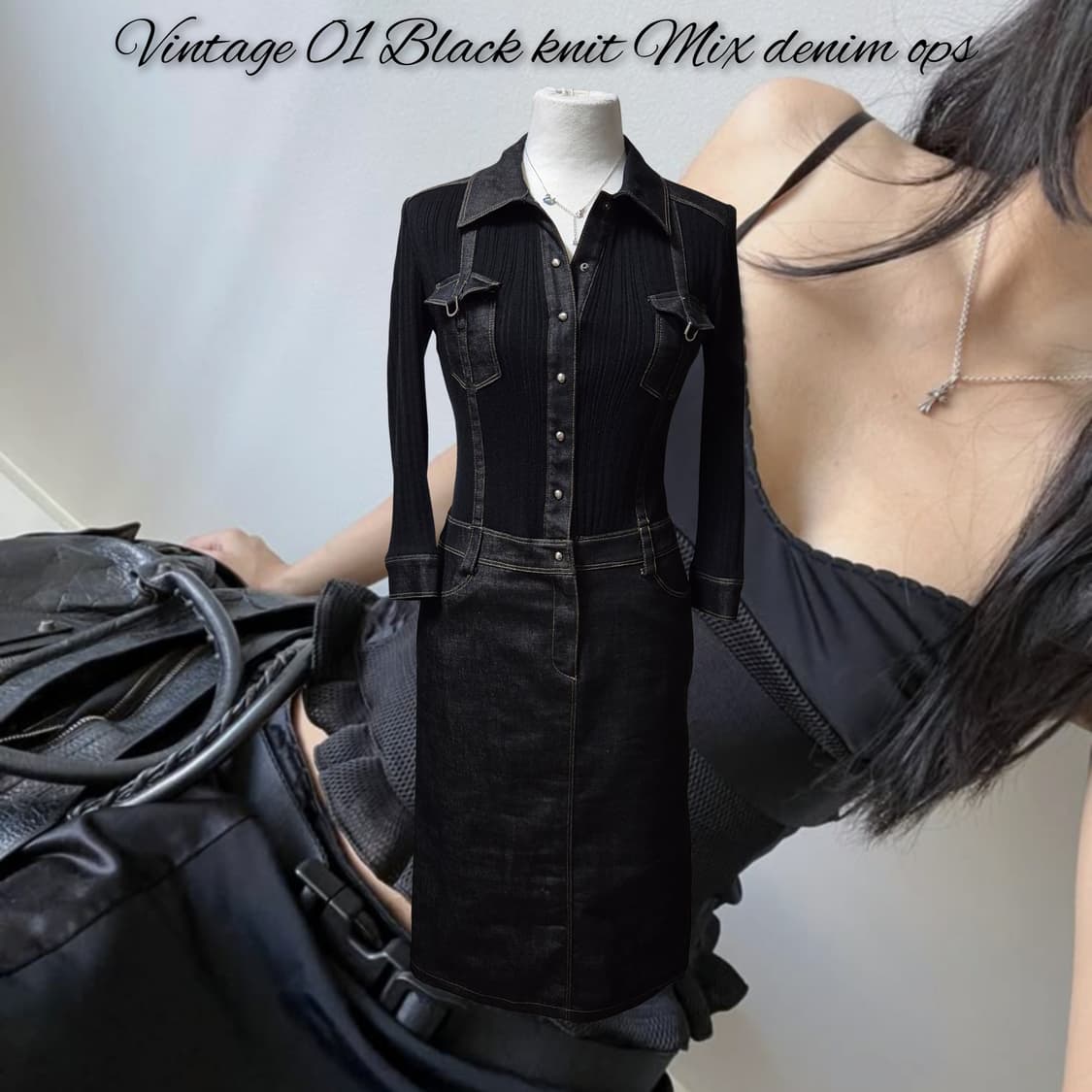 Vintage 01 Black knit Mix denim ops 상품이미지1