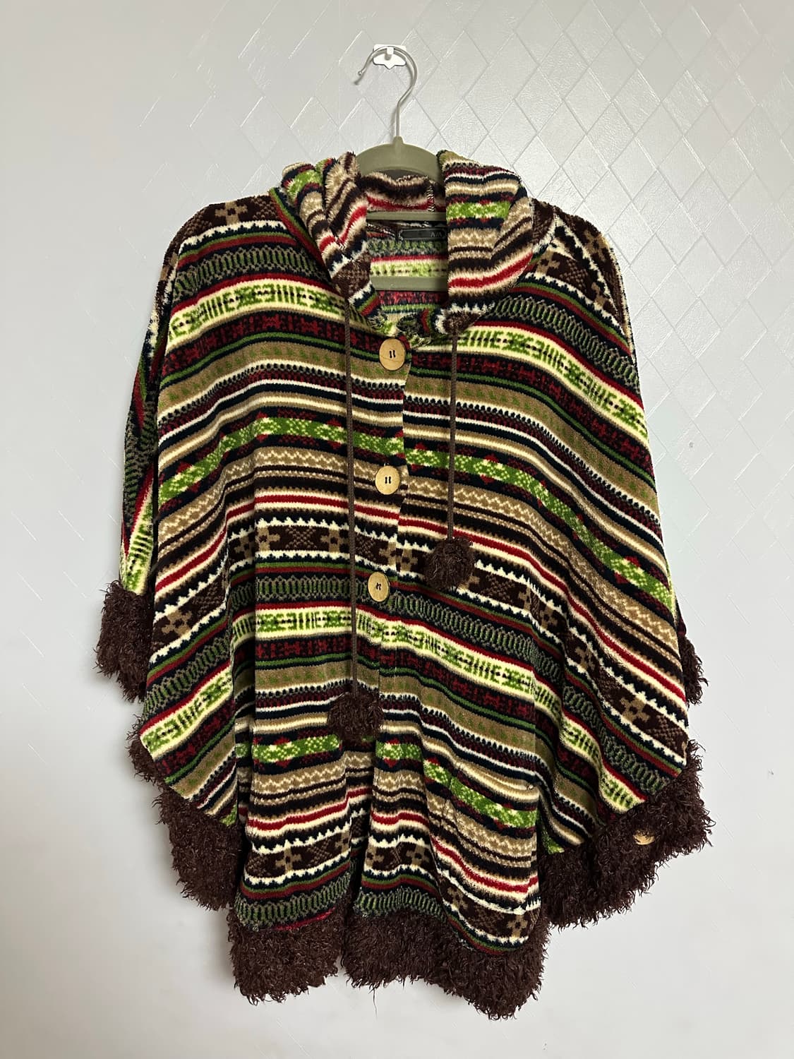 패턴 후드 에스닉 우드 버튼 케이프 판초 상품이미지1