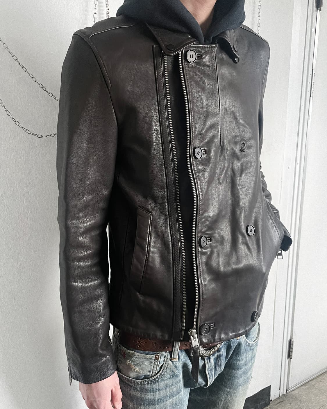 올세인츠 더블버튼 레더 크롭코트 피코트 상품이미지3