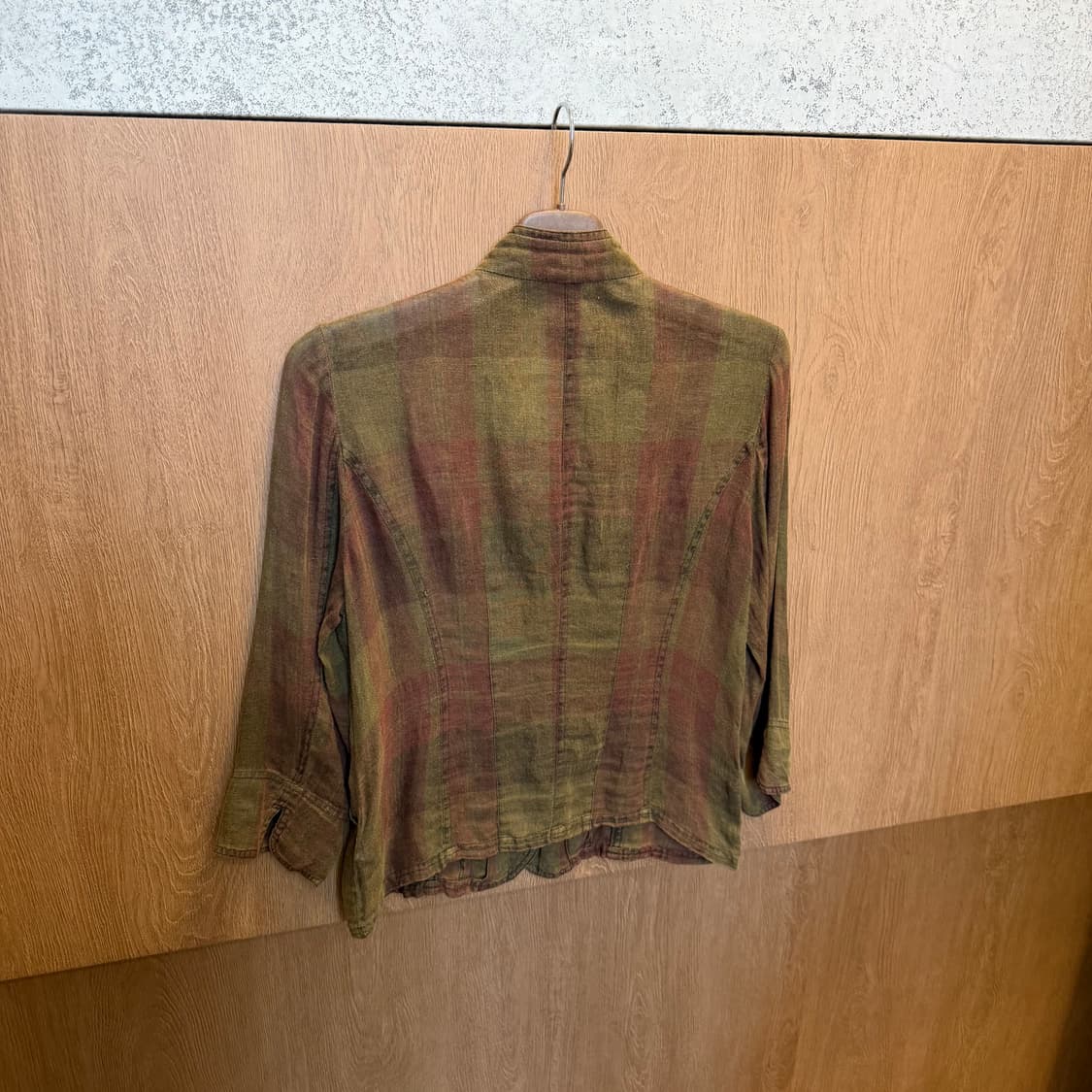 빈티지 린넨 자켓 체크 패턴 7부 슬리브 디테일 카키 브라운 상품이미지2