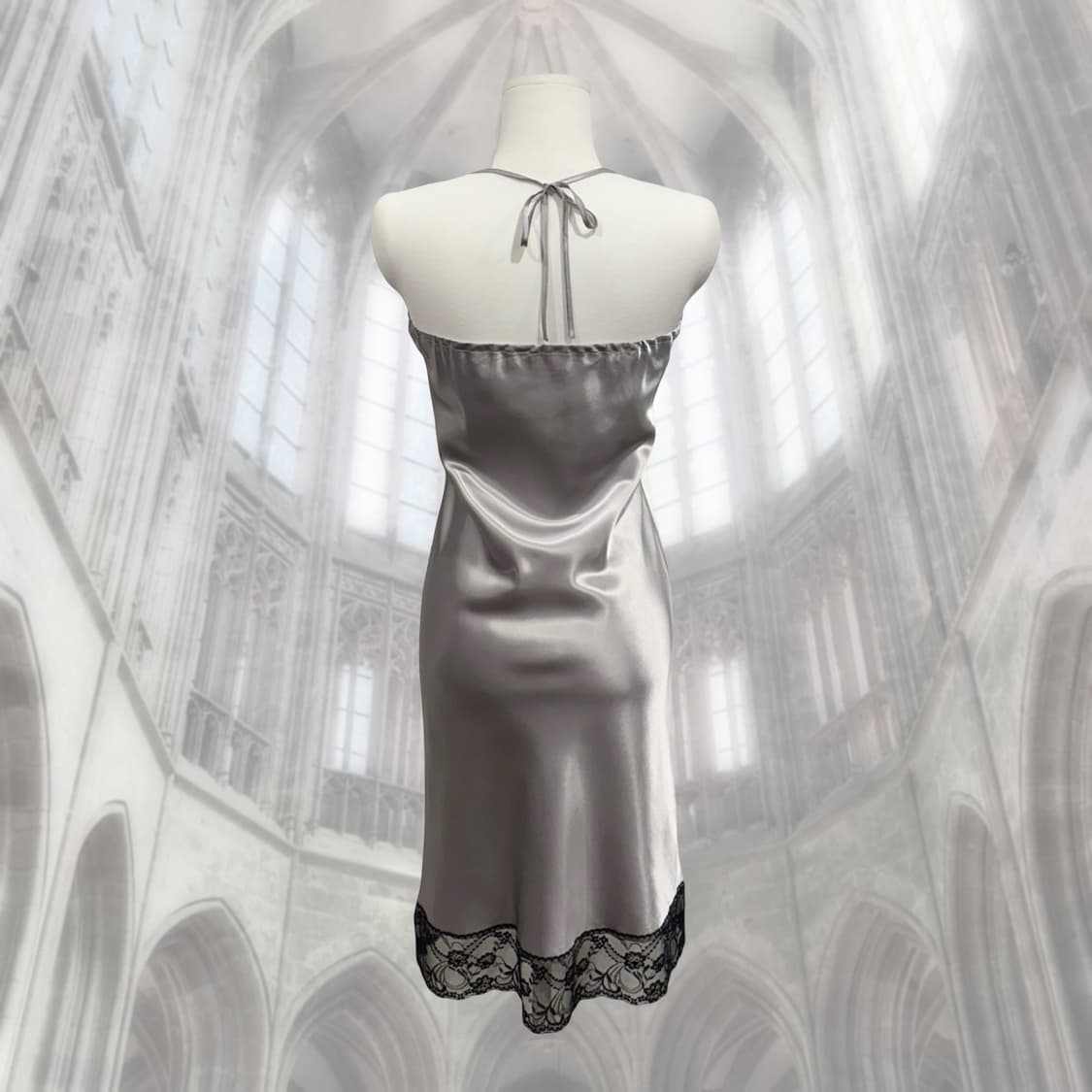 빈티지 실버 새틴 레이스 홀터넥 슬립 원피스 상품이미지4