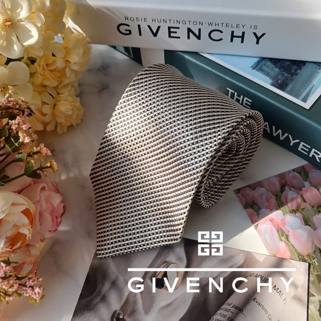 지방시 실크 베이지 자카드 패턴 넥타이 8.8cm S~A+등급 E756 상품이미지2