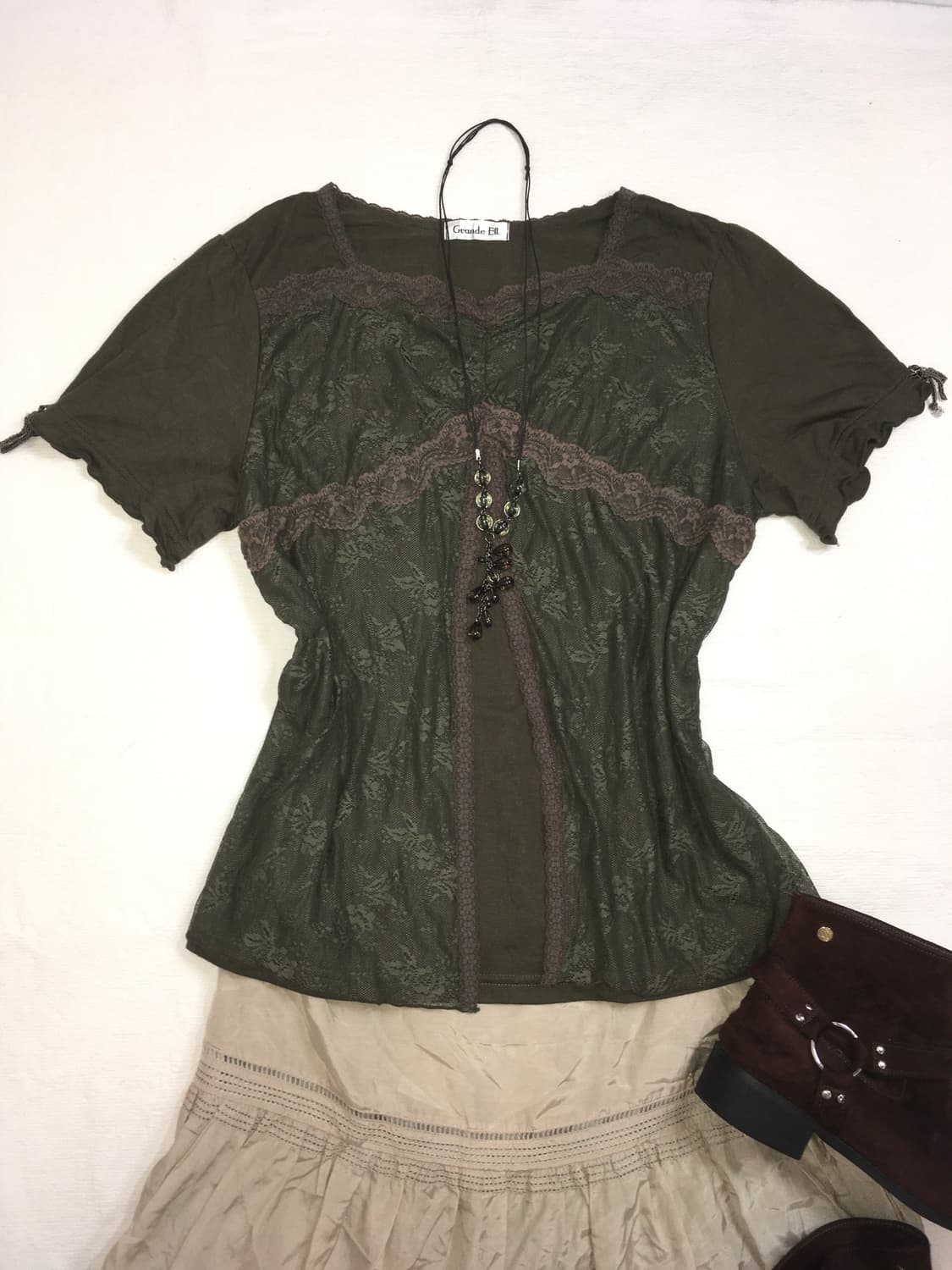 Jpn vintage Olive lace layered t shirt 상품이미지1