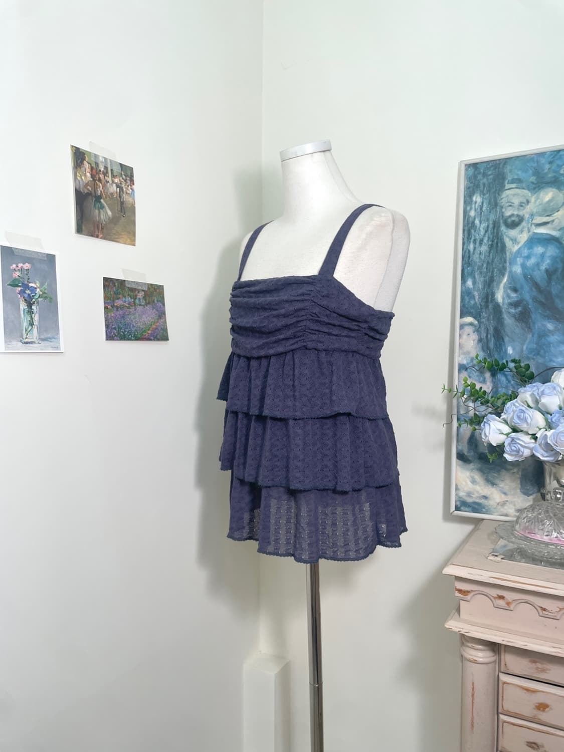 KUMIKYOKU navy crochet lace shirring sle 상품이미지2