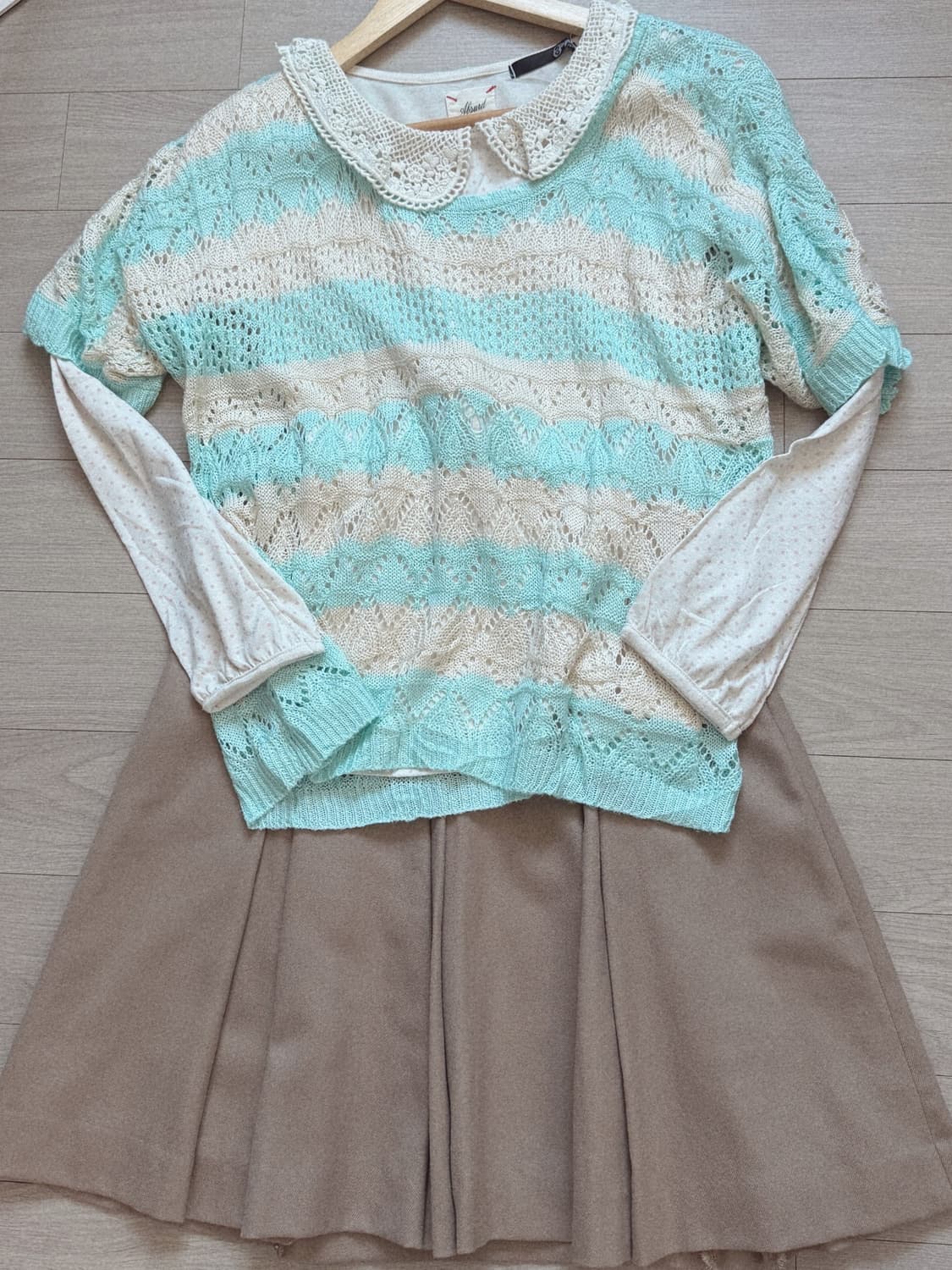 아오이유우 핑크도트티셔츠+그물니트 레이어드 세트 상품이미지3