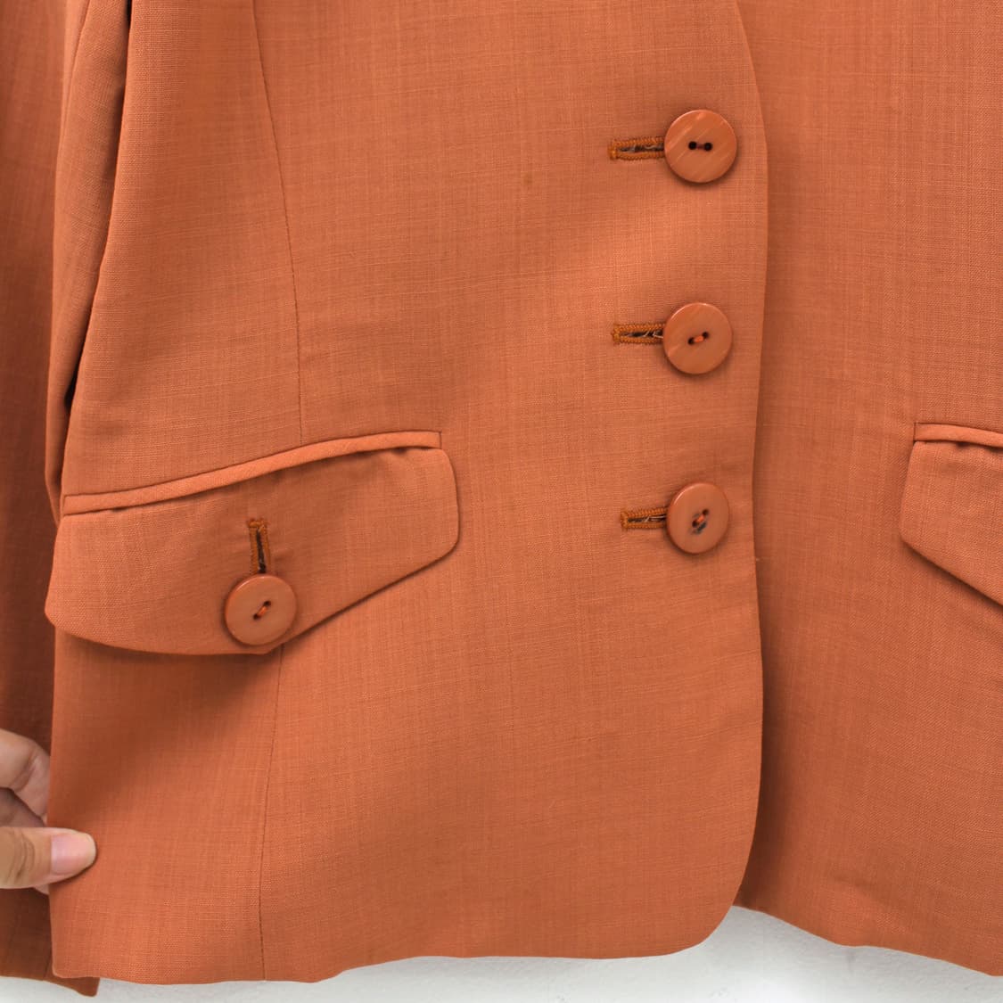 일본 빈티지 써머 울 오렌지 노카라 자켓 미디 스커트 세트 셋업 상품이미지5