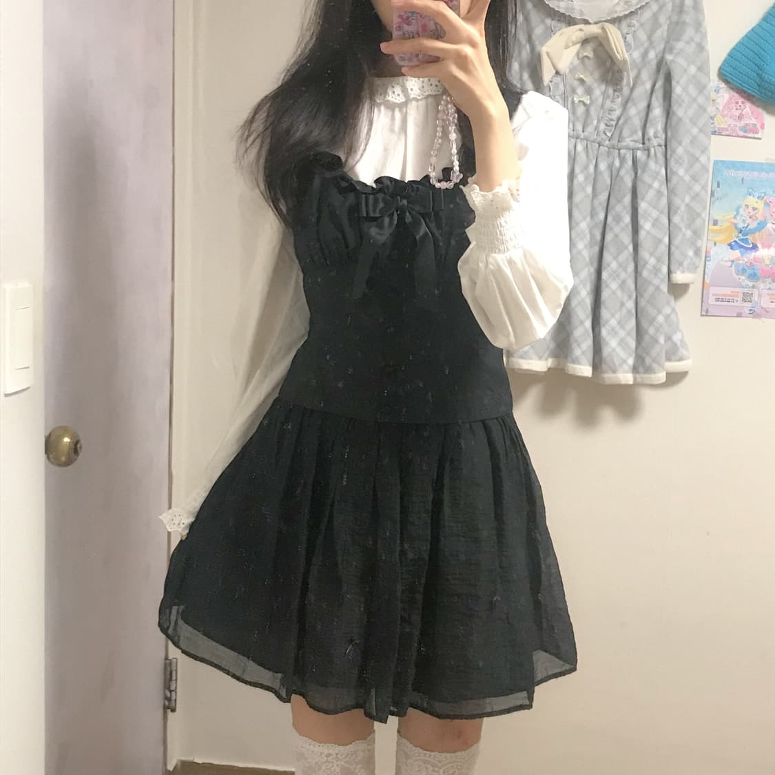 빈티지 블랙 리본 원피스 화이트 블라우스 세트 히메갸루 로걀 발레코어 상품이미지1