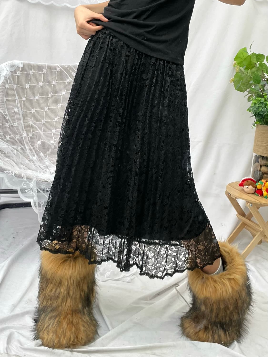Black lace pleats long skirt 상품이미지1