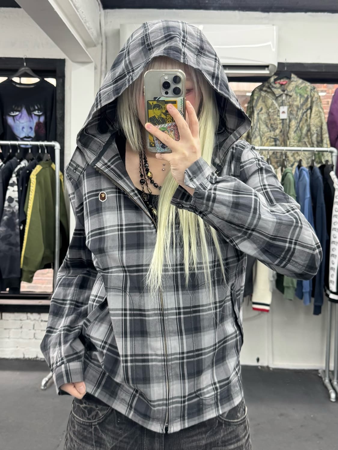 베이프 원포인트 체크 후드 자켓 상품이미지2