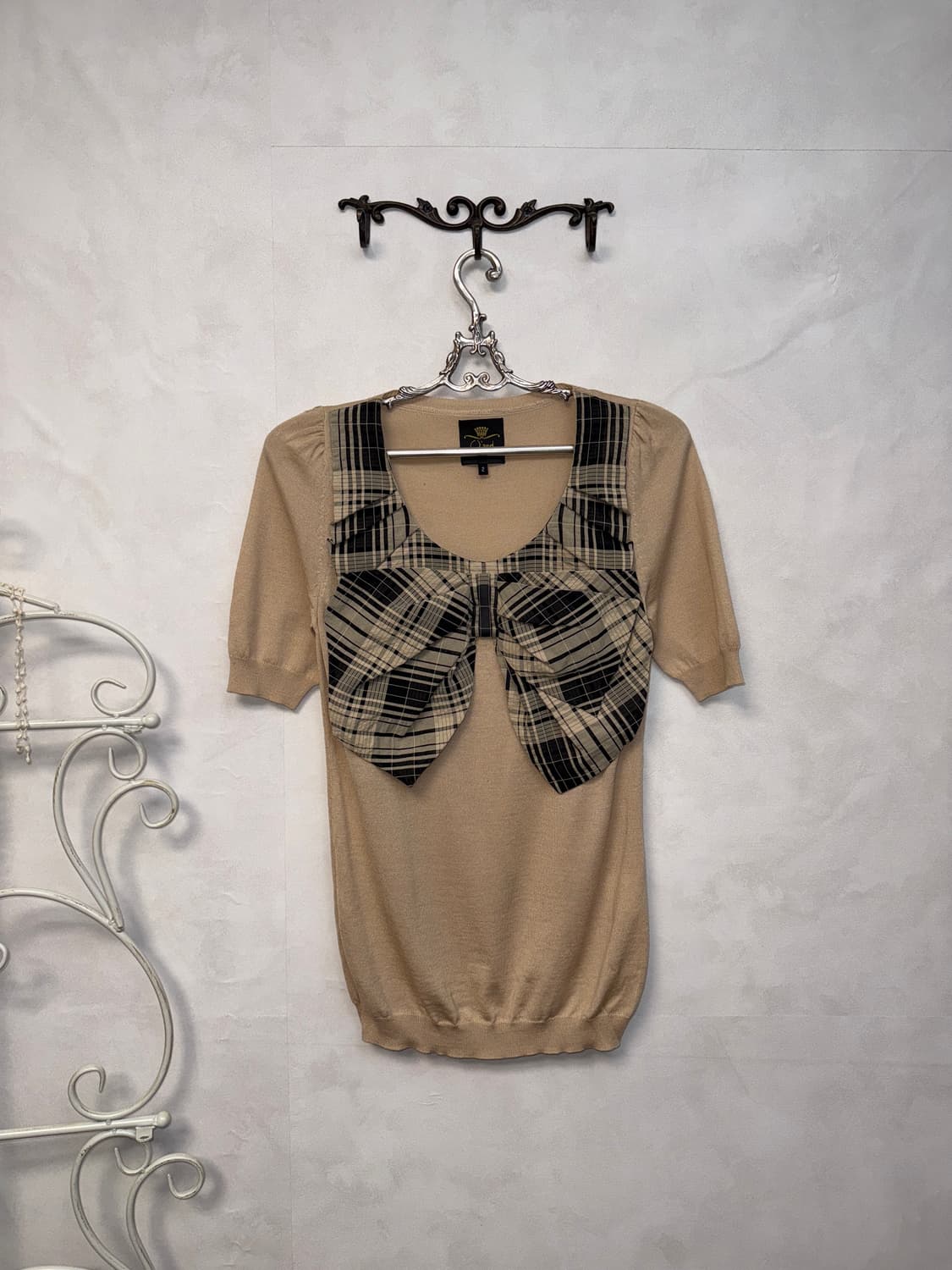 O’2nd beige check ribbon point half knit 상품이미지1