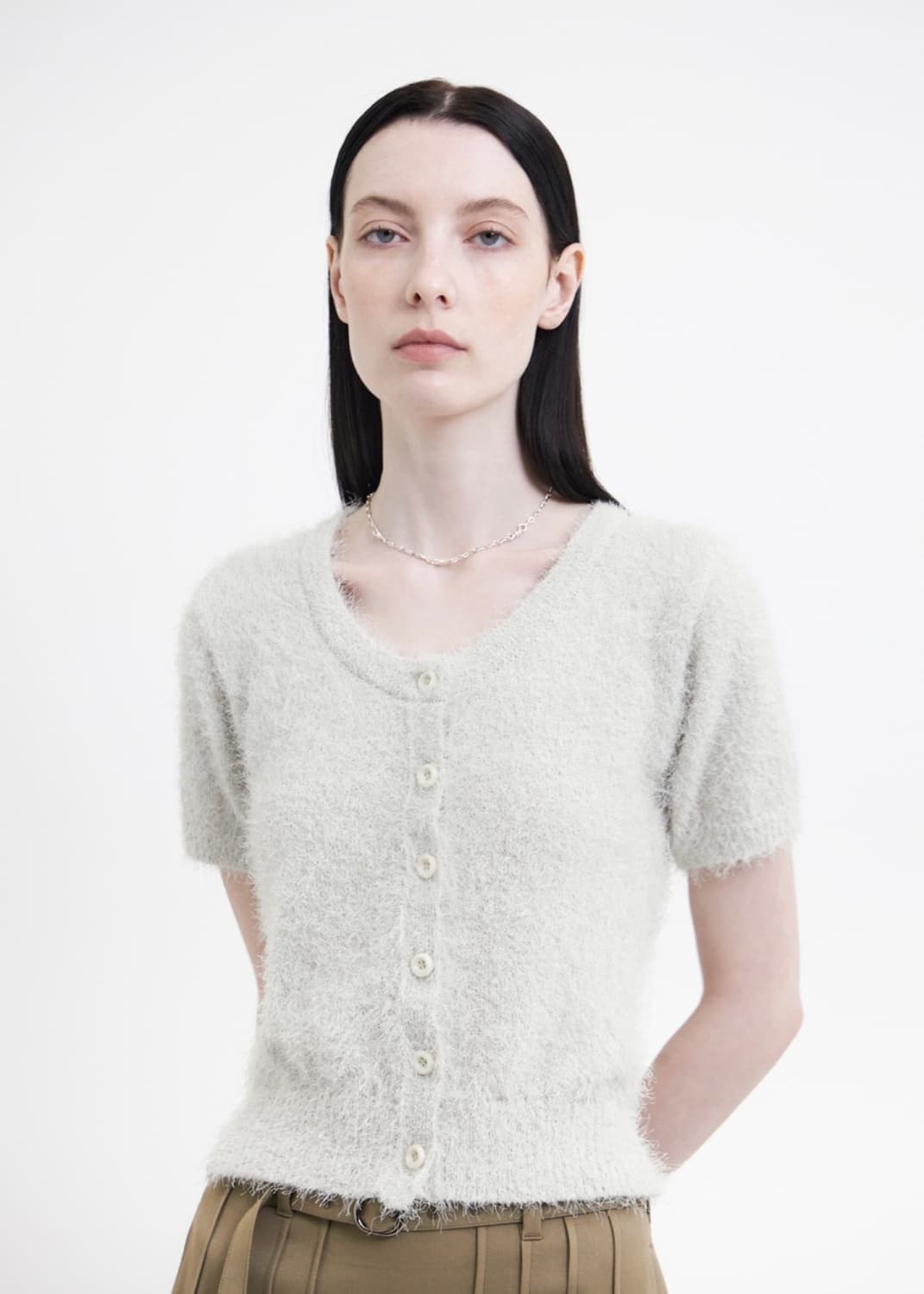 유스 스쿱 넥 니트 가디건 라이트 그레이 S 상품이미지1