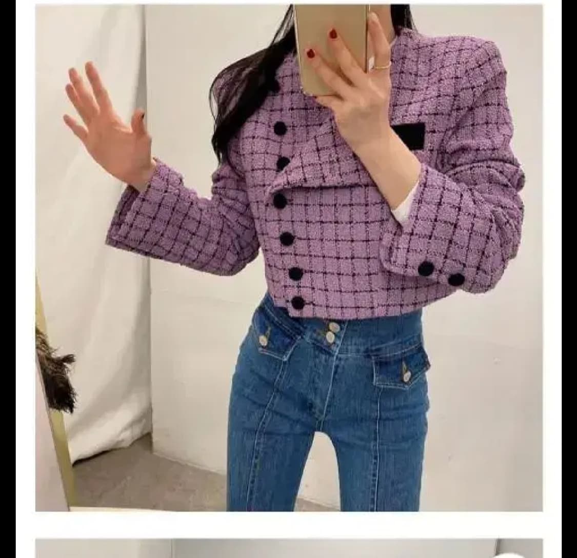 에이블리 사선버튼트위드자켓간절기가을겨울코트루즈핏크롭배색체크가디건라이더 상품이미지4