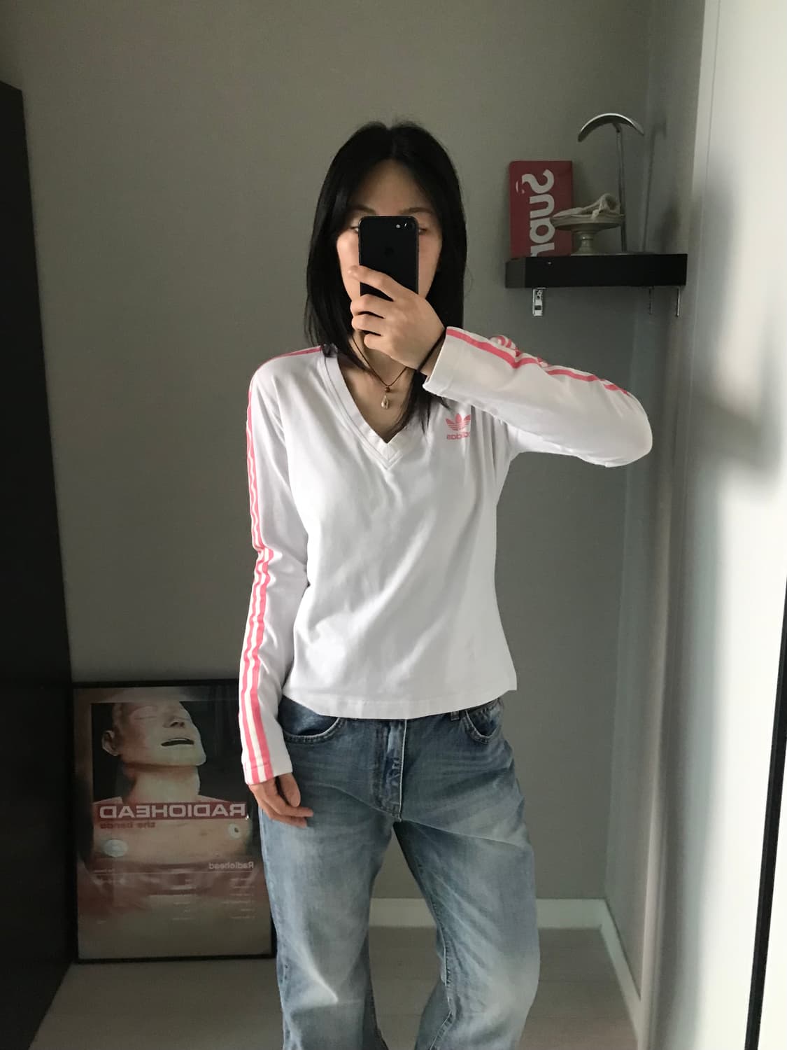 아디다스 해외판 트레포일 사이드라인 브이넥 화이트 롱슬리브티 상품이미지4