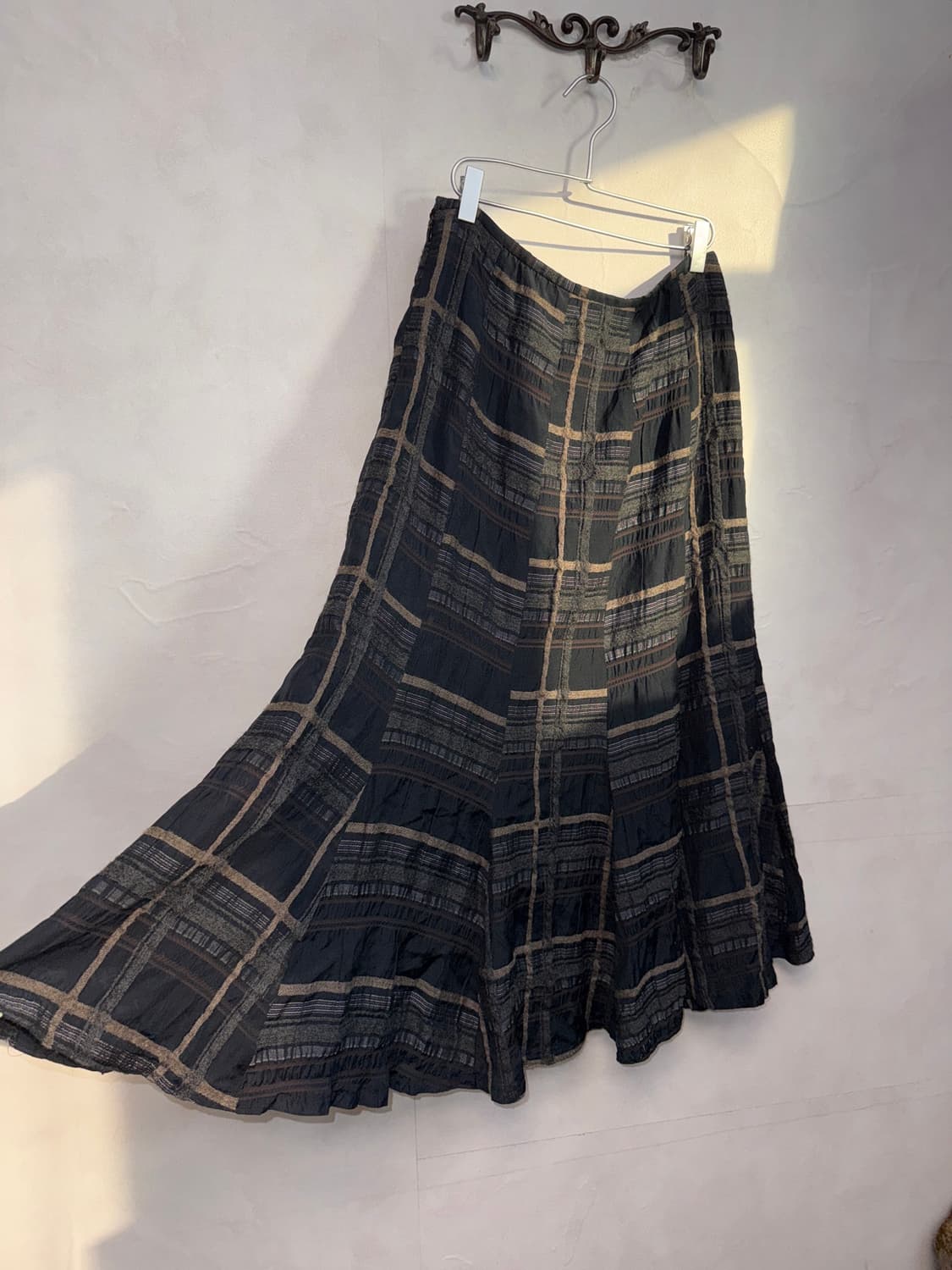 Black brown check patch long skirt  상품이미지1