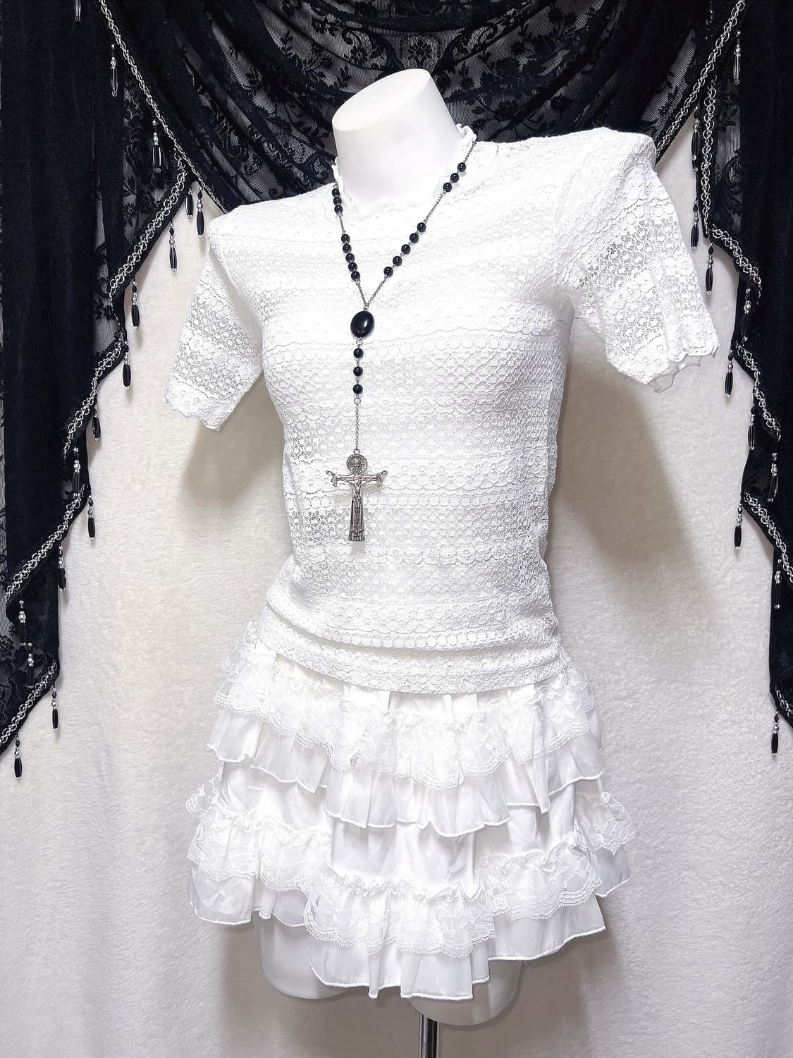 로맨틱고딕 엔젤릭 고스로리타 화이트 레이스 시스루 블라우스 로걀탑 핀터 상품이미지4