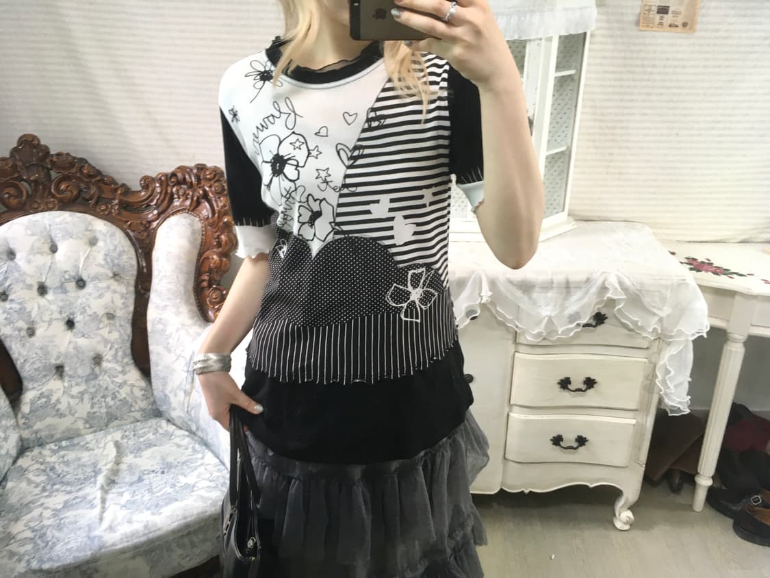 일본빈티지 도트 스트라이프 괴짜 프린팅 블라우스 상품이미지4