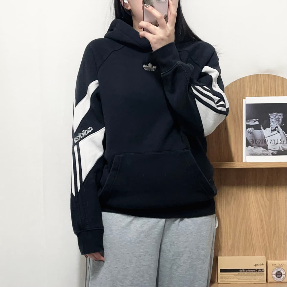 [정품] 아디다스 블랙 중앙트레포일 기모 후드티 [ S ] 상품이미지2