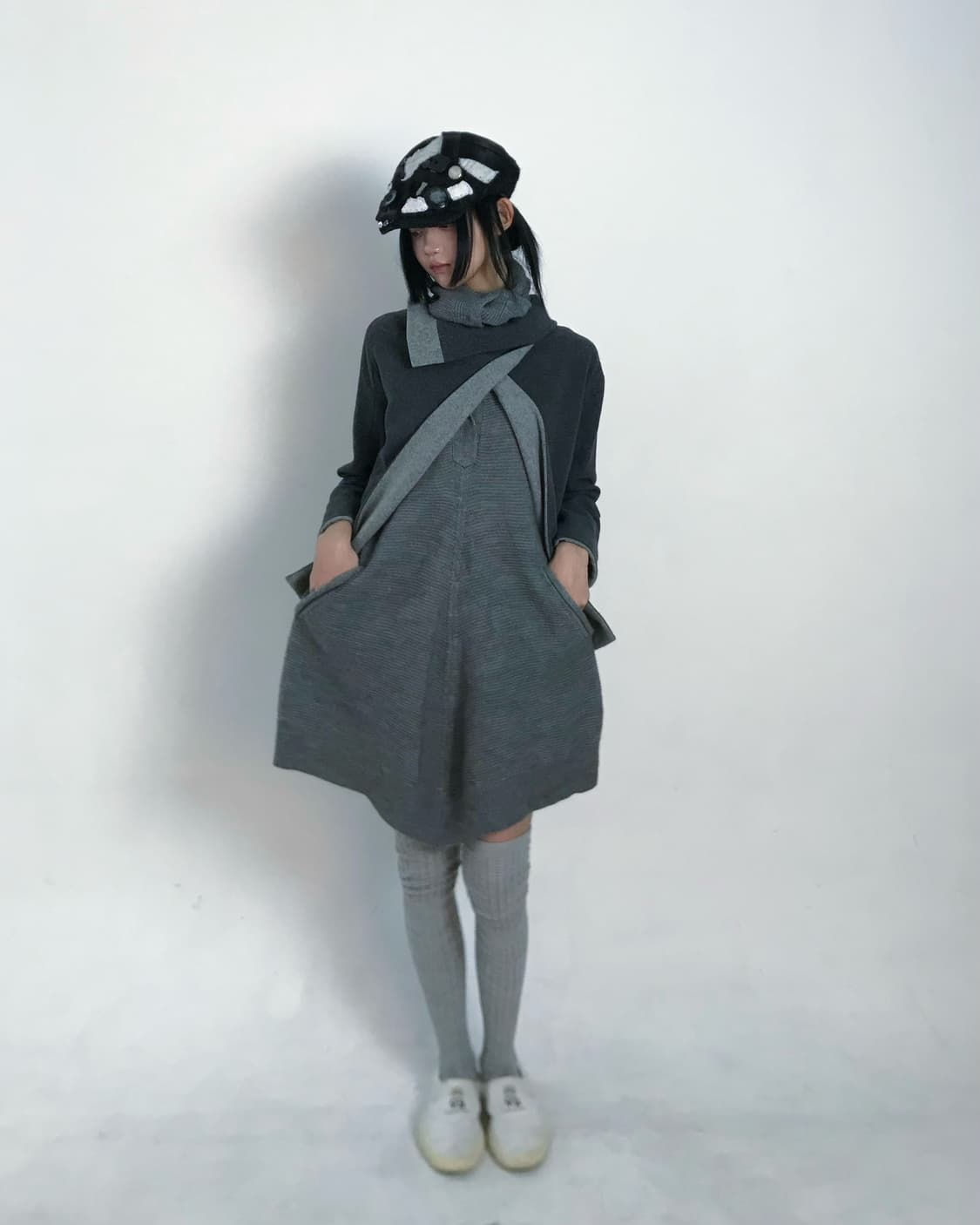 Grey wrap diagonal multi-collar wool top 상품이미지8