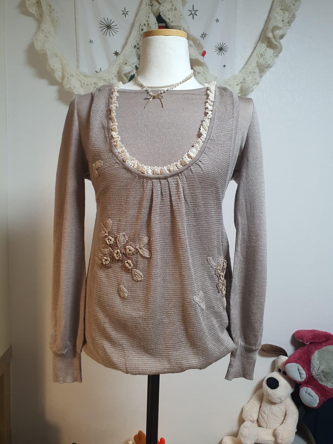 [모리걸] 레이스 장식 여성 니트 긴팔 티셔츠 상품이미지2