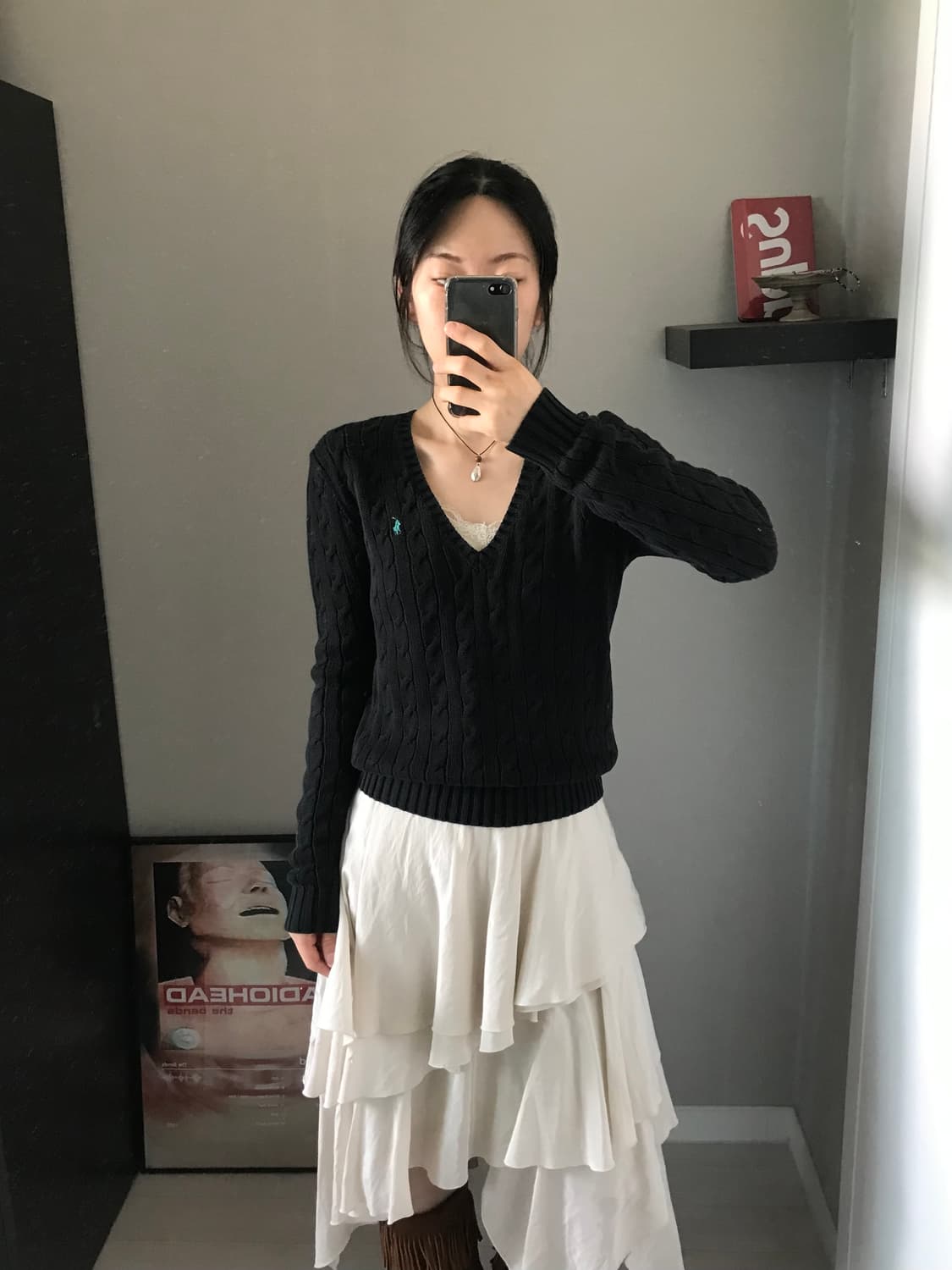 폴로 랄프로렌 포니로고 블랙 브이넥 케이블 니트 상품이미지1