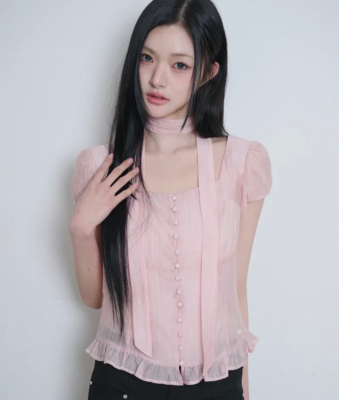 일리고 리본 타이 스퀘어넥 블라우스 핑크 상품이미지1