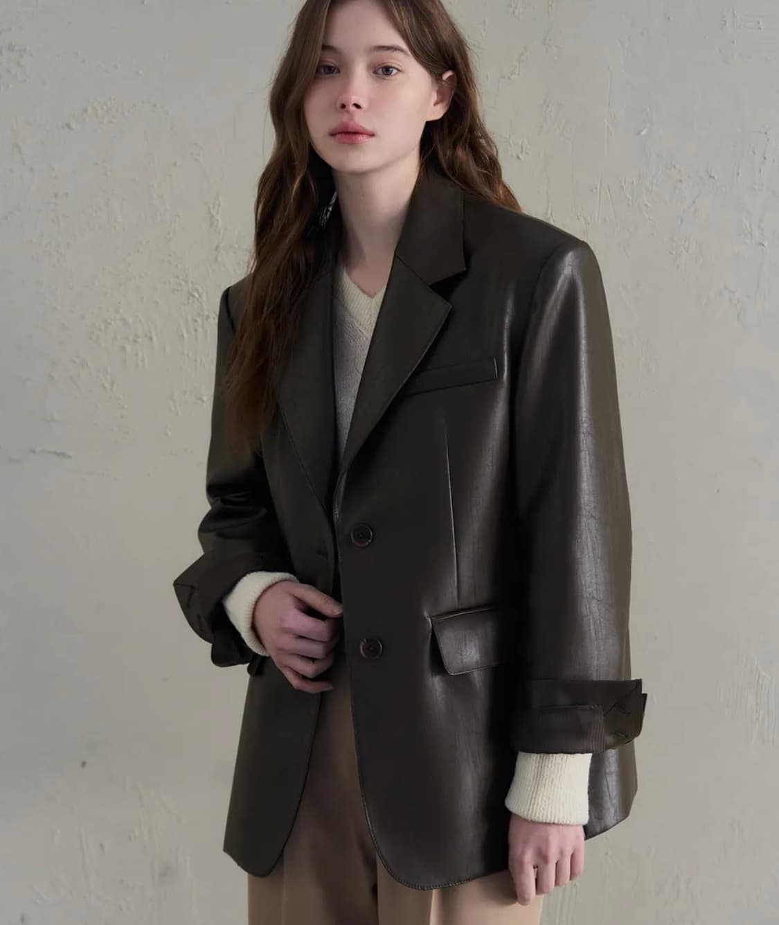 드로우핏 레더 오버핏 싱글 블레이저 브라운 상품이미지1