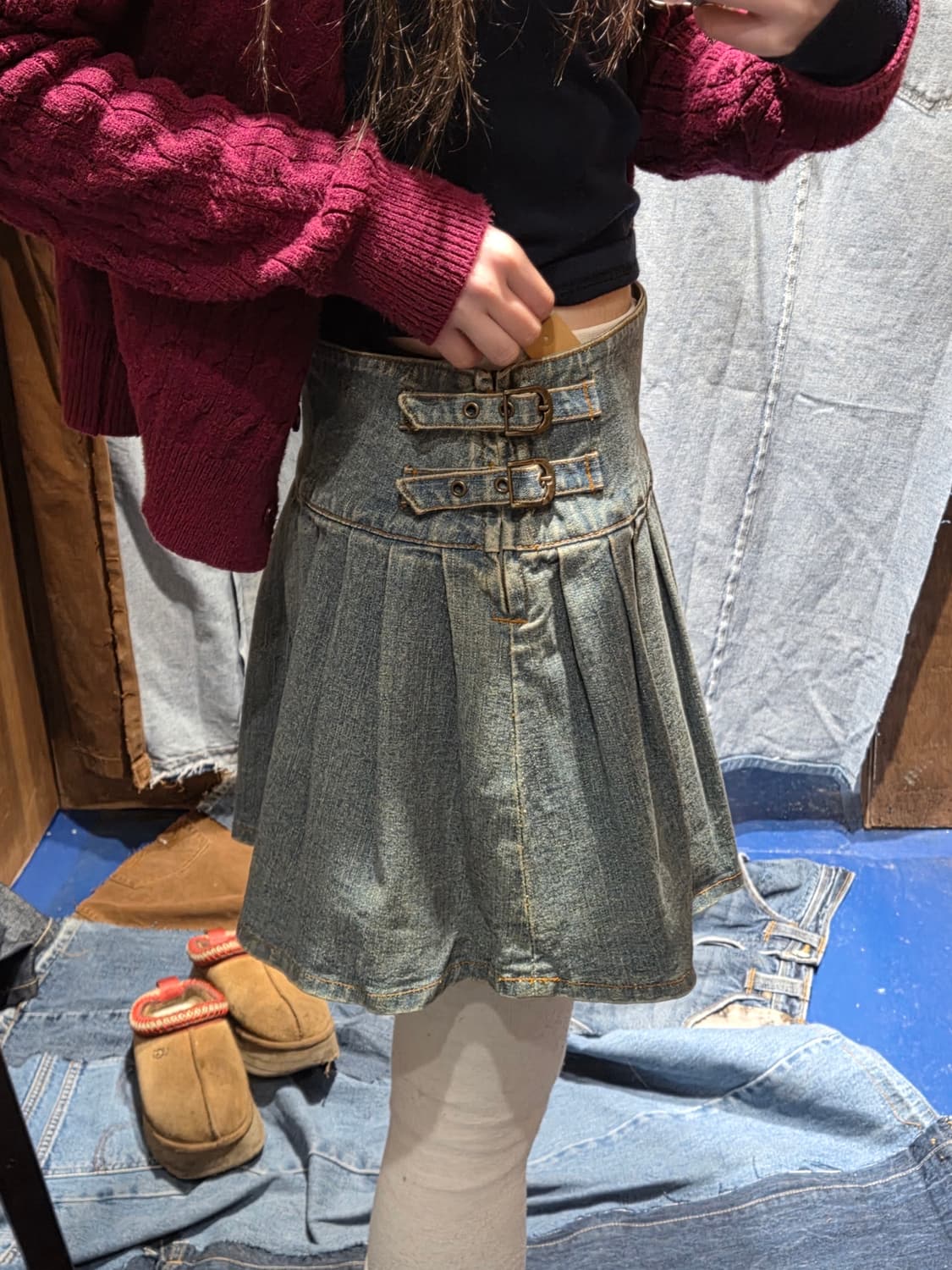 Japan vintage 데님 스트랩 플리츠 스커트 상품이미지2