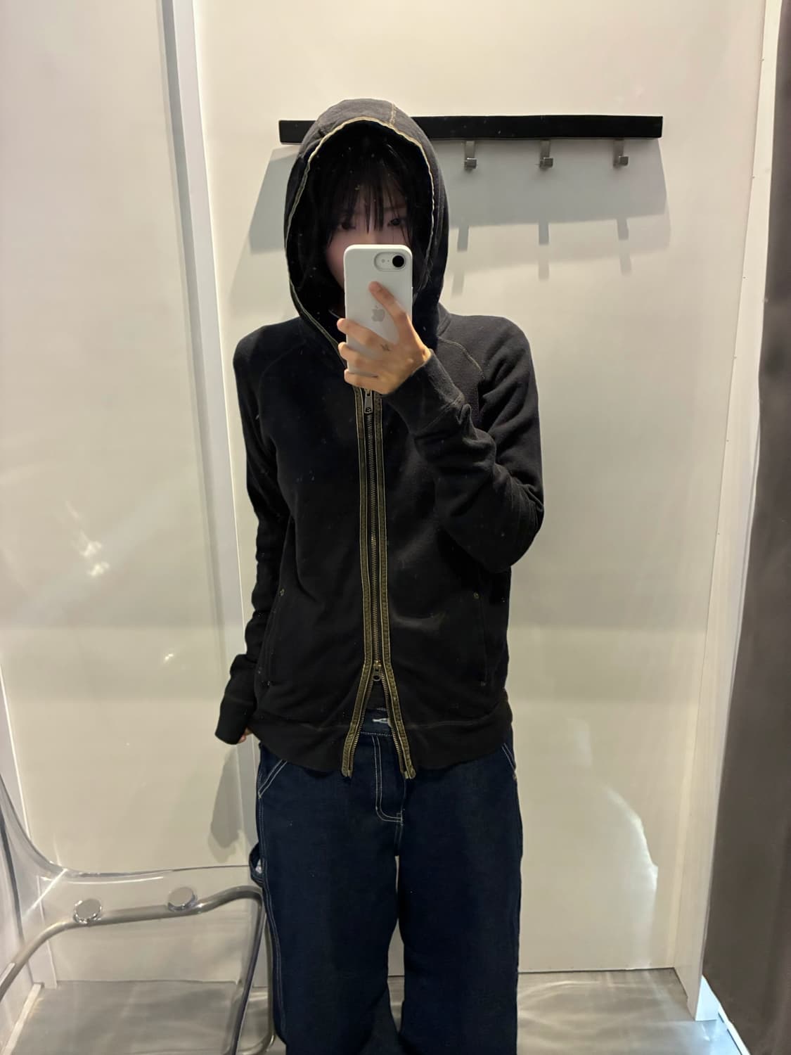 빈티지 롱슬리브 후드 집업 그린 배색 트리밍 디테일 블랙 상품이미지1
