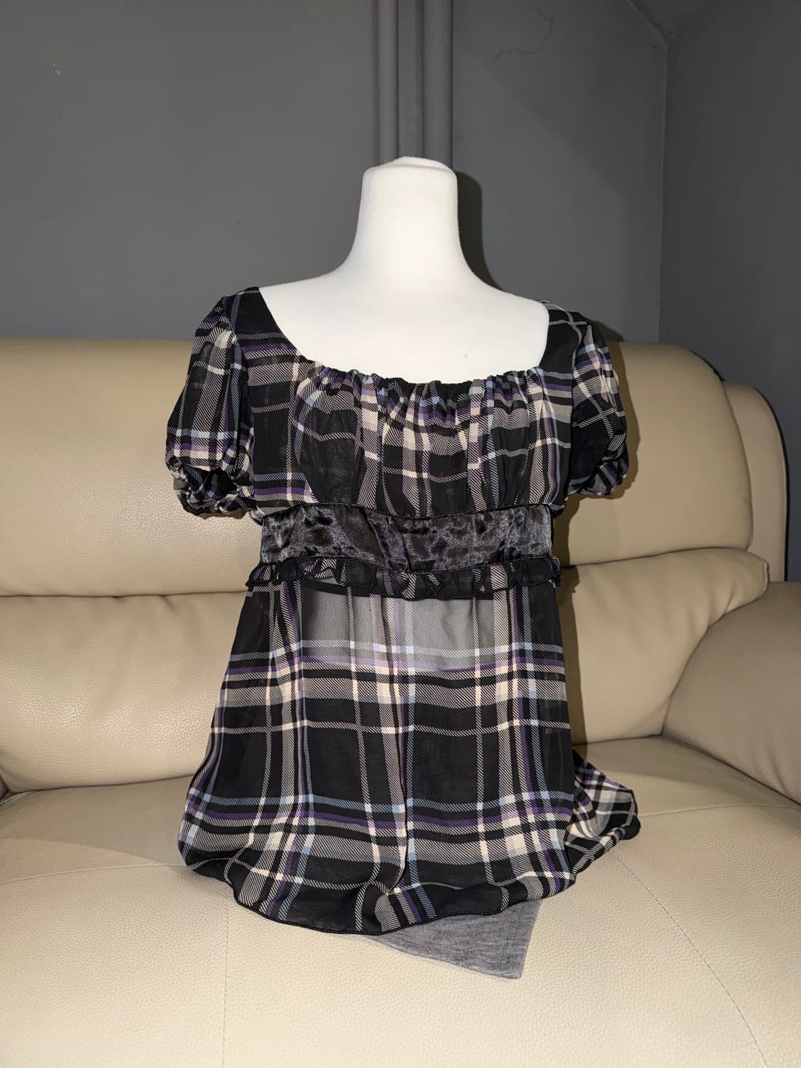 puff sleeve see-through check top 상품이미지1