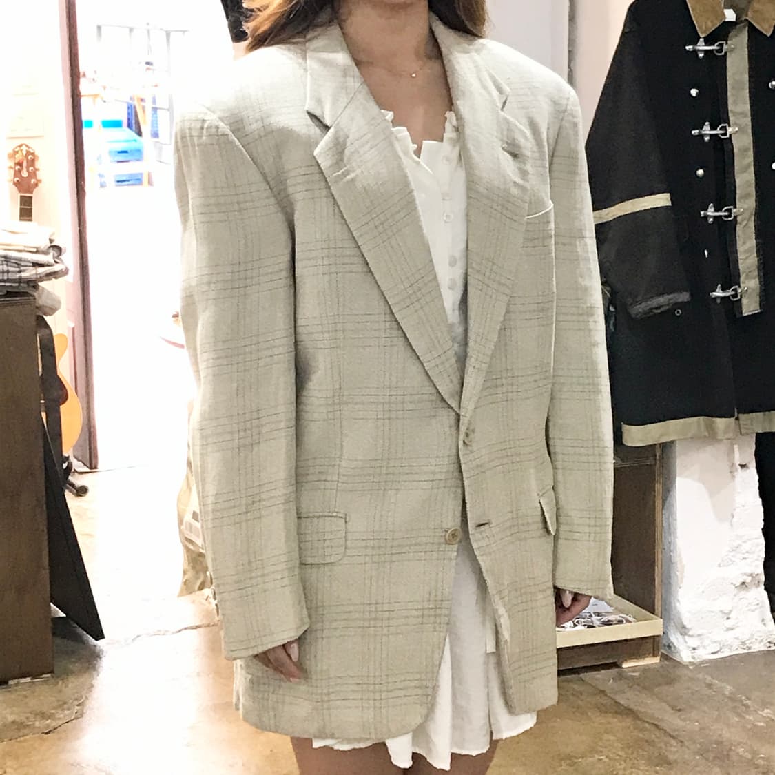 90s 발렌티노 꾸뛰르 베이지 체크 린넨 자켓 블레이저 남성 105 상품이미지10