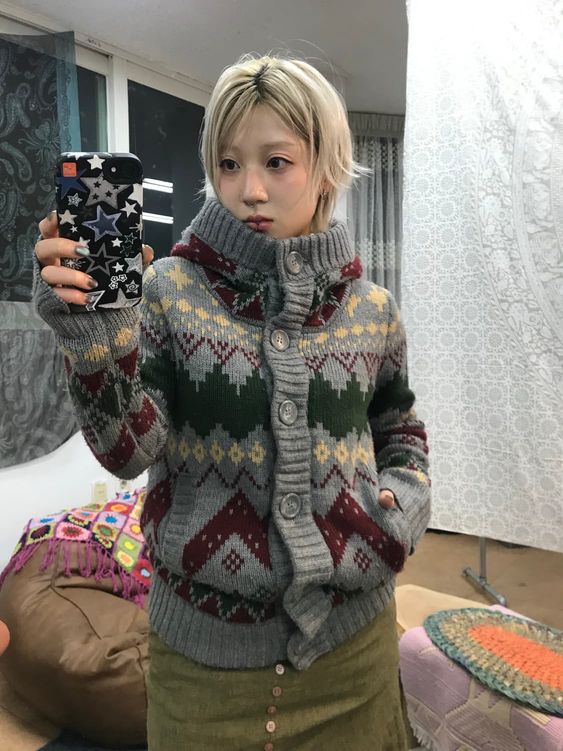 빈티지 에스닉 양털 기모 니트 후드 가디건  상품이미지2