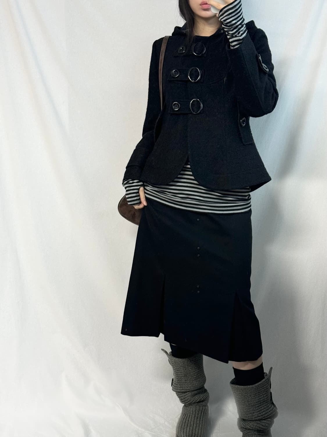 벨티드 버튼 디테일 램스울 후디드 코트 상품이미지2