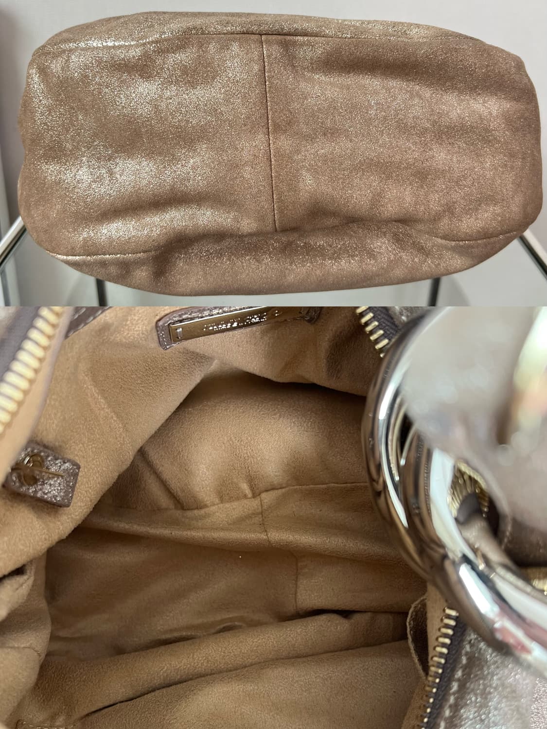 지미추 메탈릭 베이지 스웨이드 솔라 호보백 상품이미지7