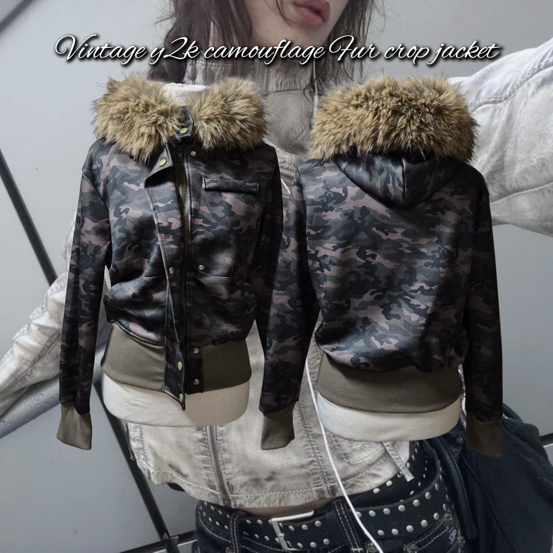 Vintage y2k camouflage Fur crop jacket 상품이미지1