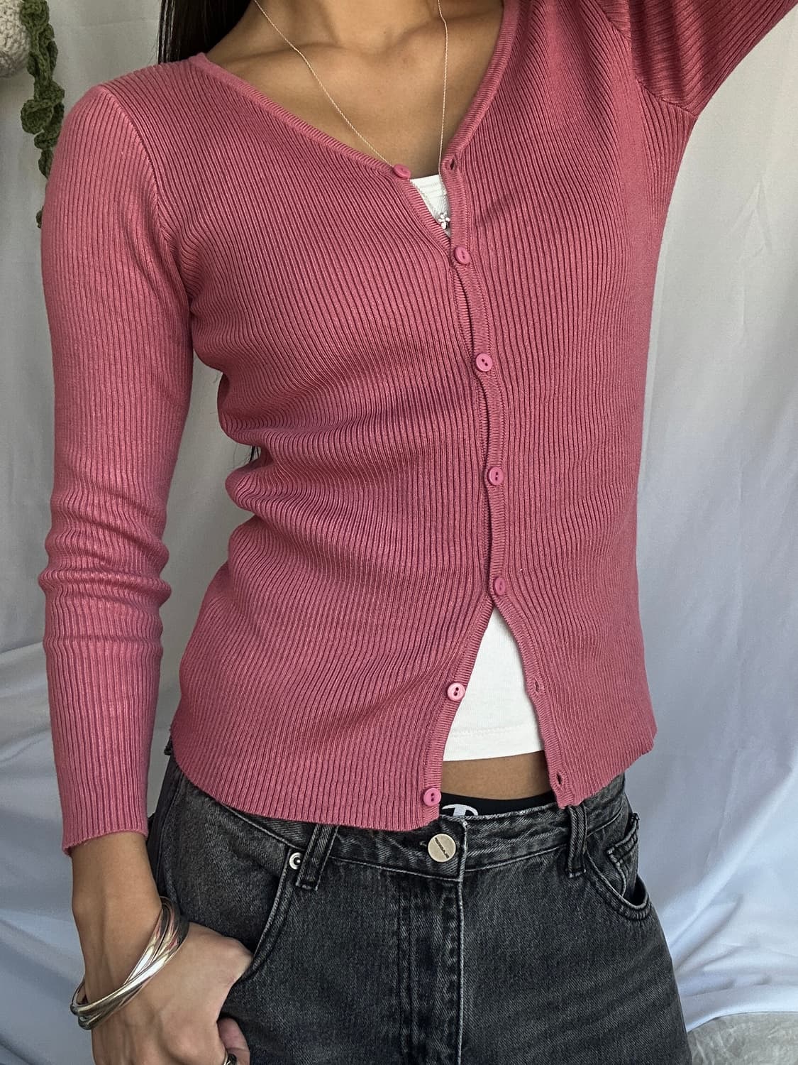 빈티지 핑크 골지 가디건 상품이미지5