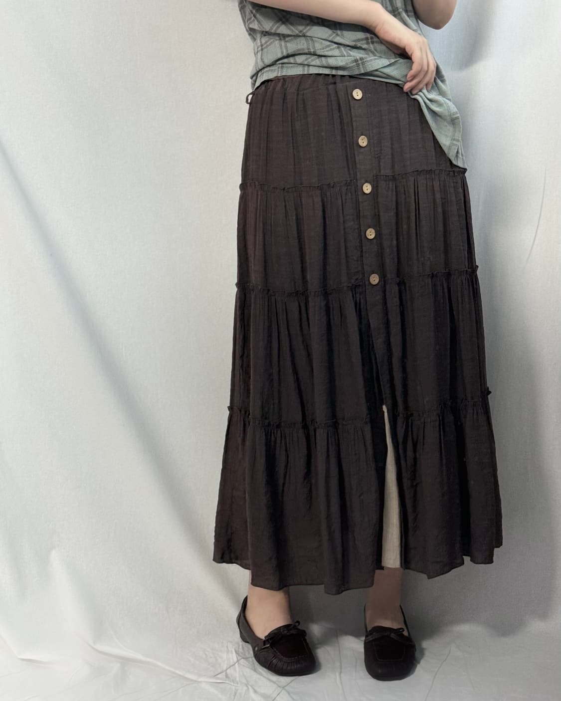 레이스 넥 펀칭 체크 패턴 민트 브라운 블라우스 스커트 2pcs SET 상품이미지5