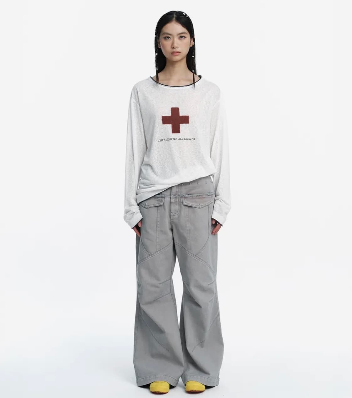 새상품) 러프넥 워싱 패널 스티치 팬츠 그레이 상품이미지2