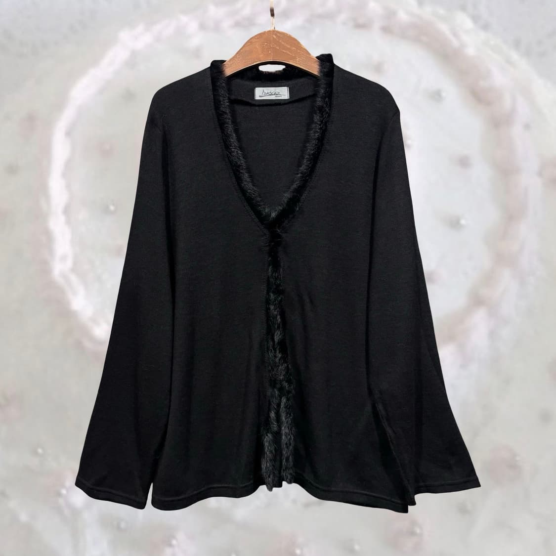 일본 빈티지 블랙 래빗 퍼 트리밍 원버튼 가디건 상품이미지2