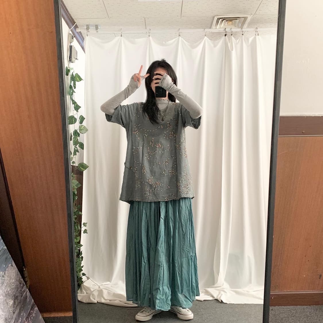 연카키 자수 박시 블라우스 청록색 롱 스커트 세트 상품이미지3