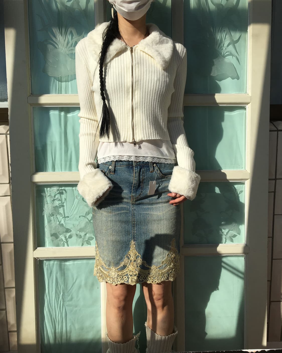 Fake fur trimming ribbed knit zip up 상품이미지6