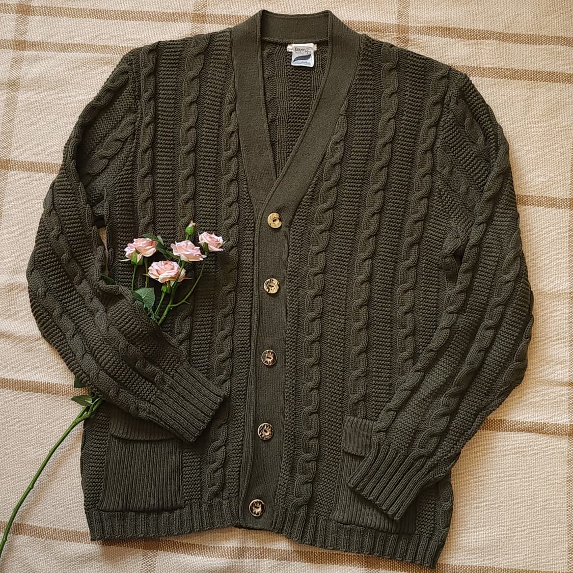 90s 프렌치 울 가디건 스웨터 케이블 버튼 가디건 그린 L 상품이미지2