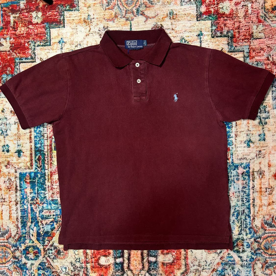 [L] 90s 폴로 랄프로렌 미국생산 포니로고 버건디 카라 반팔 상품이미지1