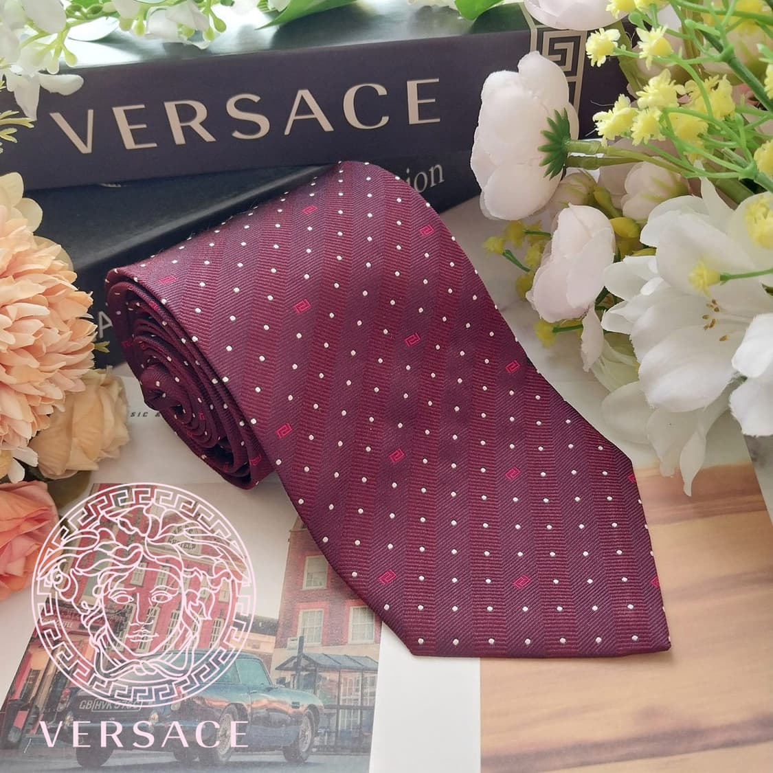 베르사체 실크 와인 도트 로고 패턴 넥타이 8.6cm A+등급 K1588 상품이미지1