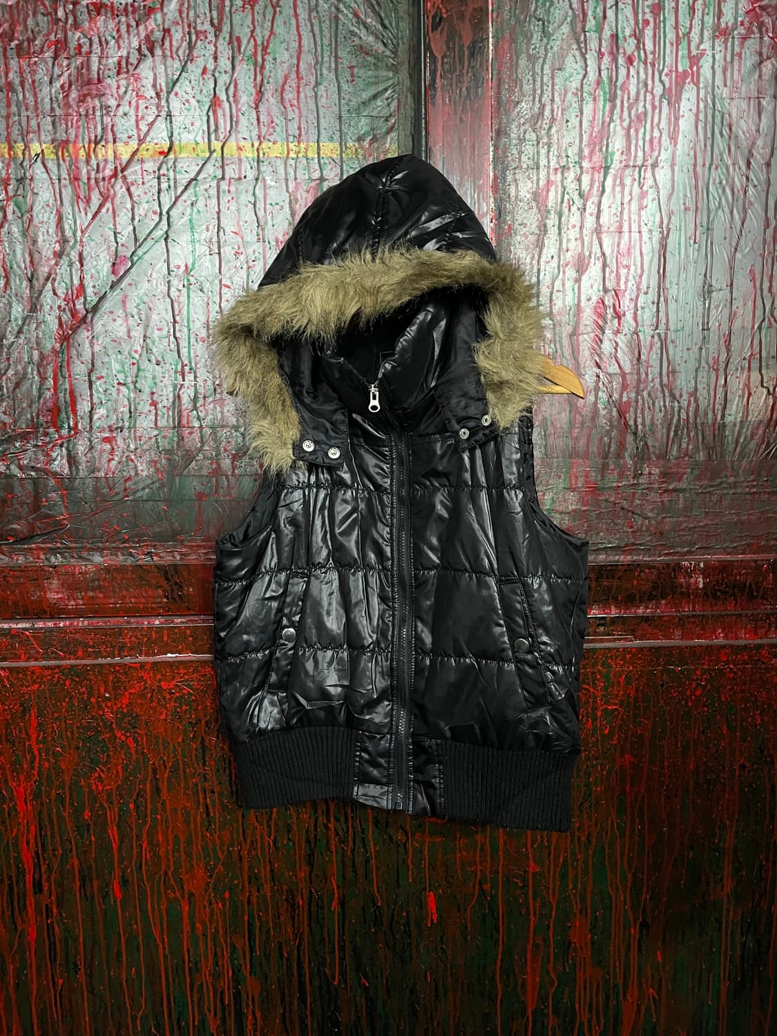 일본 빈티지 울프죠 퍼 후드 갸루 패딩조끼 베스트 L 상품이미지4