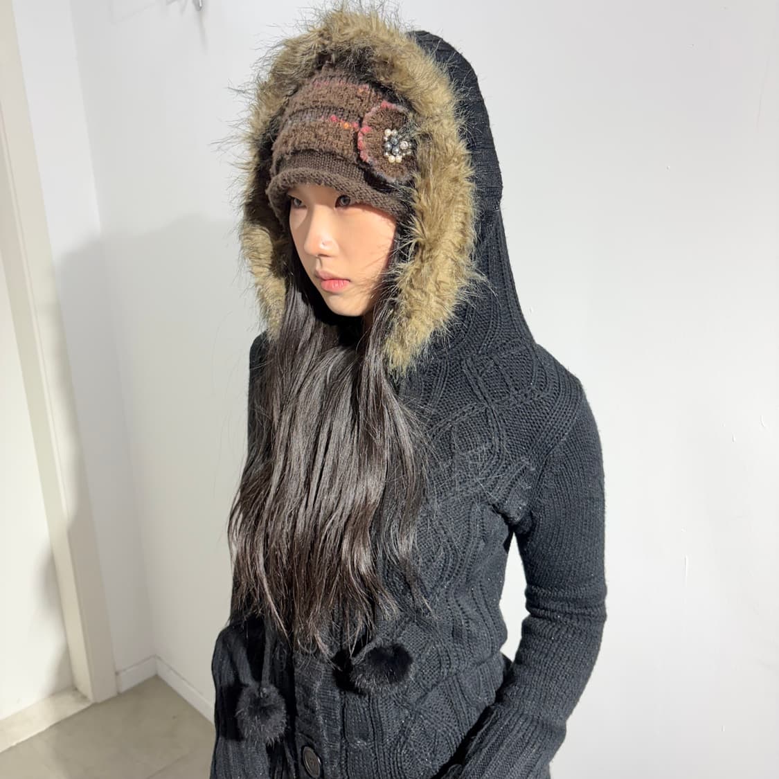 Recette A la mode 퍼 폼폼이 후드 니트 원피스 상품이미지1