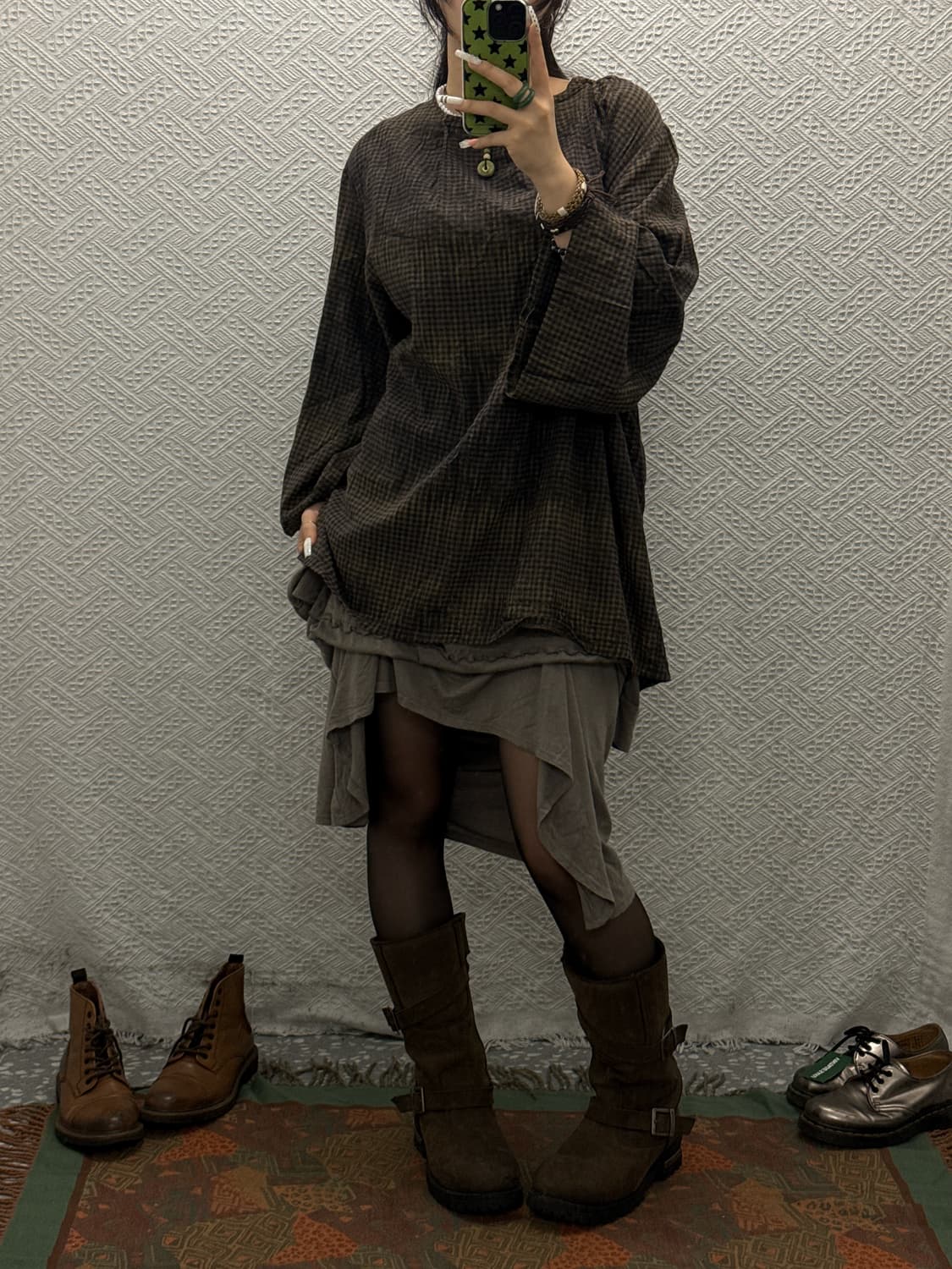빈티지 펑크 타이다이 체크 아방핏 블라우스 긴팔티 K0123 상품이미지2